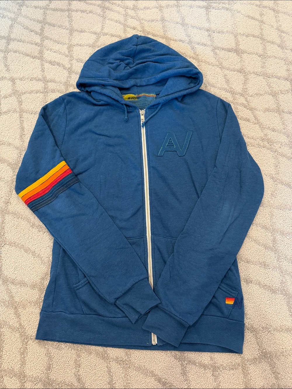 Men’s Aviator Nation Navy Zip Hoodie with Rainbow Stripe Trim